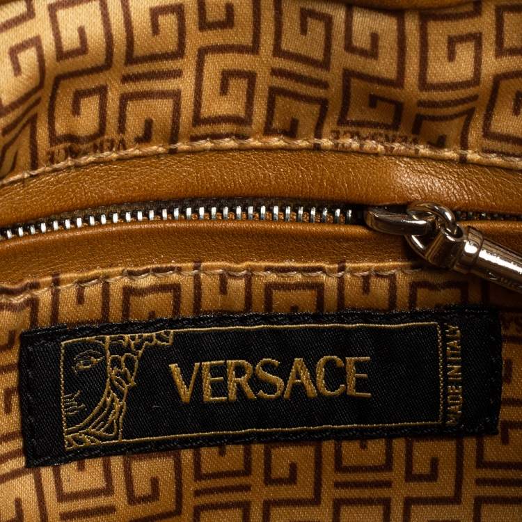 Pre Owned Versace Tan Logo Embossed Suede and Leather Charm Baguette Bag