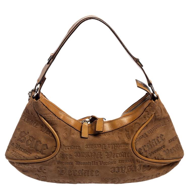 Pre Owned Versace Tan Logo Embossed Suede and Leather Charm Baguette Bag
