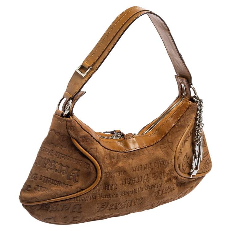 Pre Owned Versace Tan Logo Embossed Suede and Leather Charm Baguette Bag
