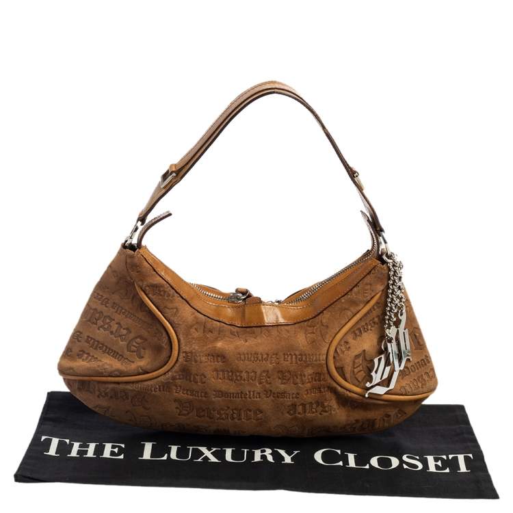 Pre Owned Versace Tan Logo Embossed Suede and Leather Charm Baguette Bag