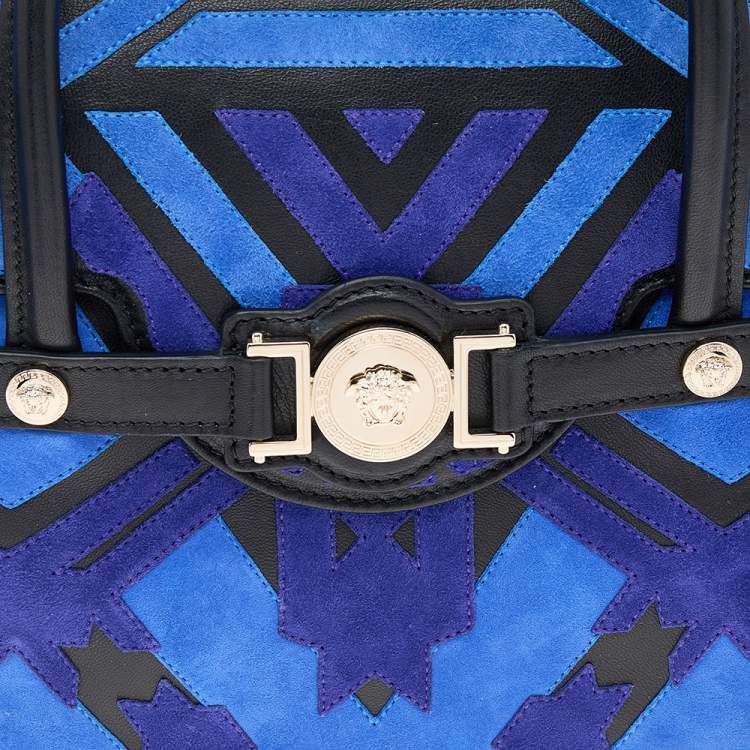 Pre Owned Versace Blue/Black Suede And Leather Patchwork Kmeoc Satchel
