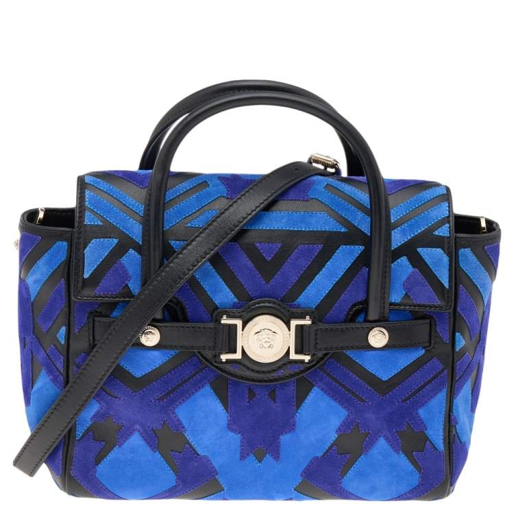 Pre Owned Versace Blue/Black Suede And Leather Patchwork Kmeoc Satchel