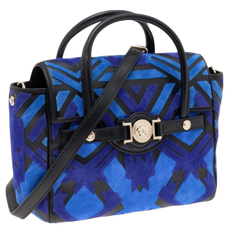 Pre Owned Versace Blue/Black Suede And Leather Patchwork Kmeoc Satchel