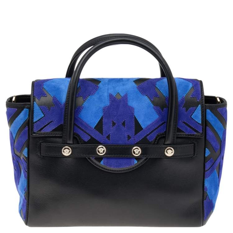 Pre Owned Versace Blue/Black Suede And Leather Patchwork Kmeoc Satchel