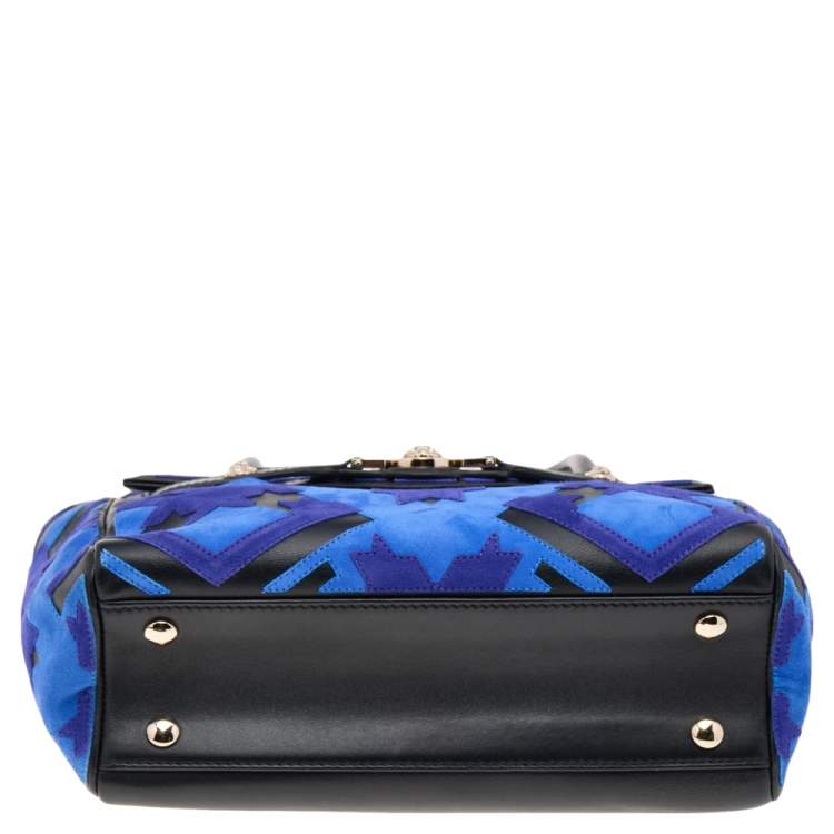 Pre Owned Versace Blue/Black Suede And Leather Patchwork Kmeoc Satchel