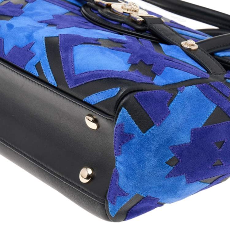 Pre Owned Versace Blue/Black Suede And Leather Patchwork Kmeoc Satchel