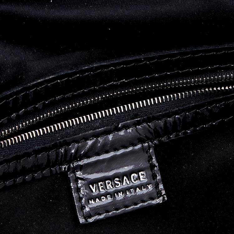 Pre Owned Versace Navy Blue Croc Embossed Patent Leather Chain Satchel