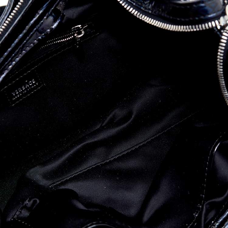 Pre Owned Versace Navy Blue Croc Embossed Patent Leather Chain Satchel