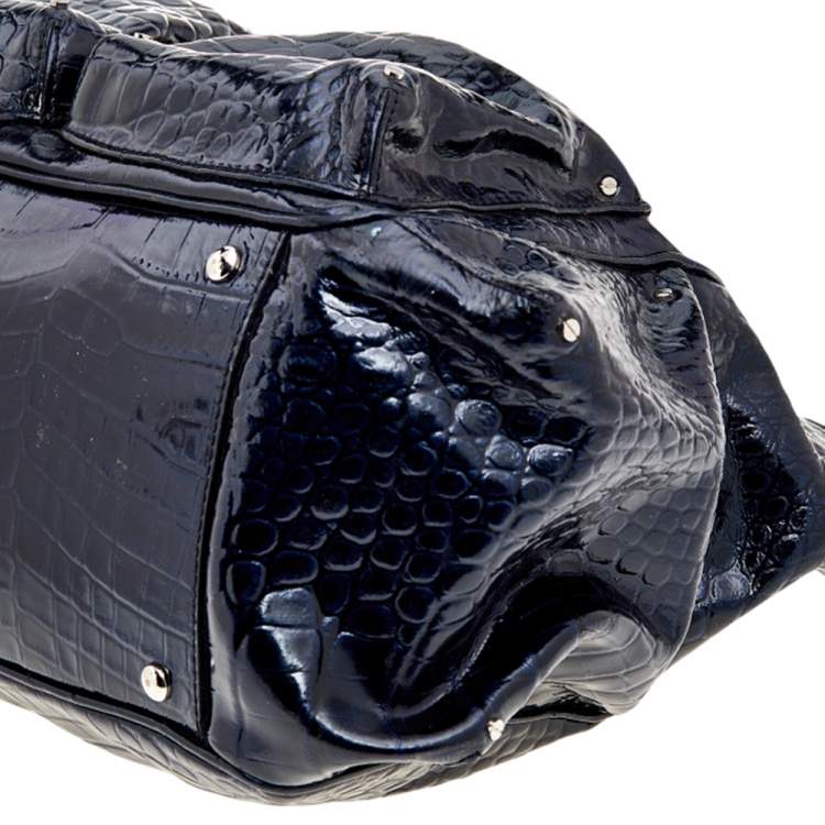 Pre Owned Versace Navy Blue Croc Embossed Patent Leather Chain Satchel