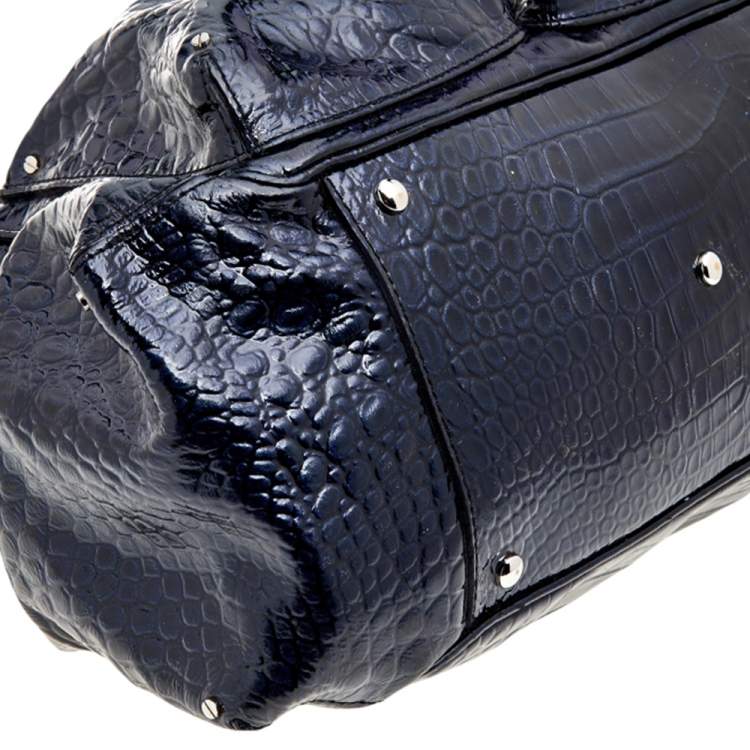 Pre Owned Versace Navy Blue Croc Embossed Patent Leather Chain Satchel