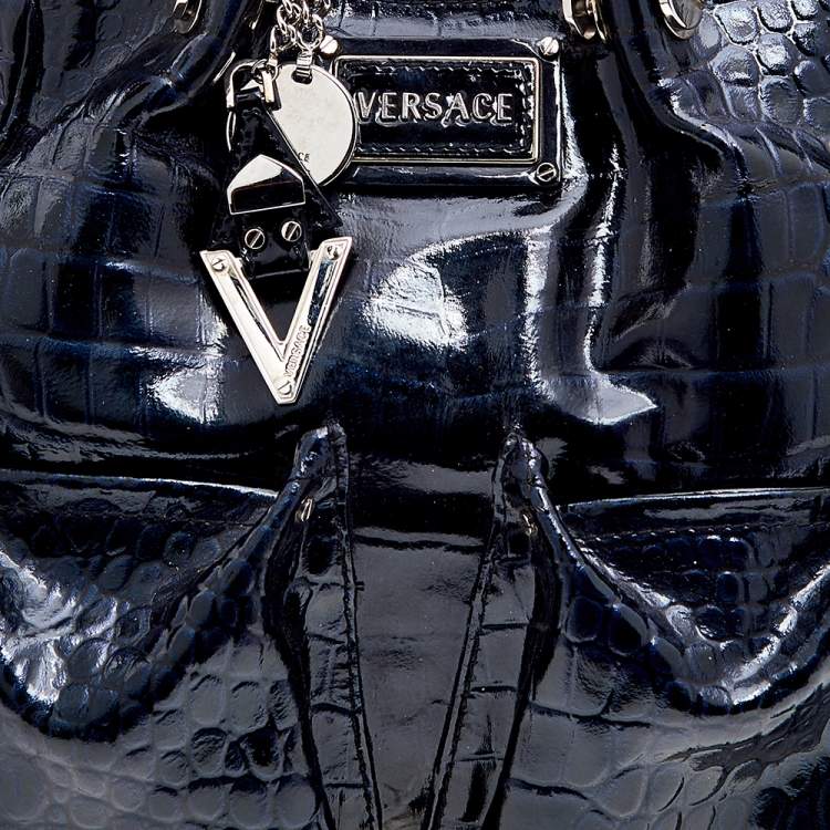 Pre Owned Versace Navy Blue Croc Embossed Patent Leather Chain Satchel