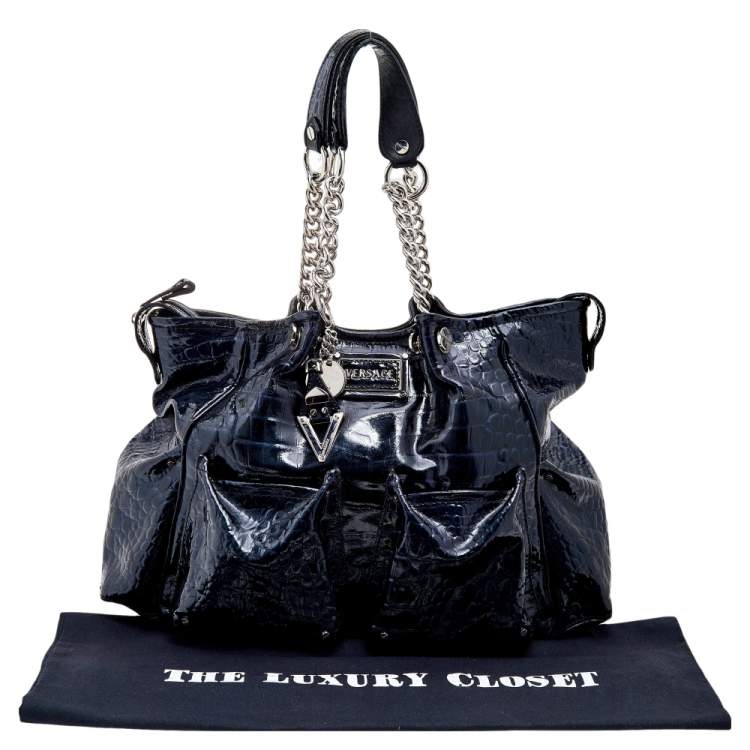Pre Owned Versace Navy Blue Croc Embossed Patent Leather Chain Satchel