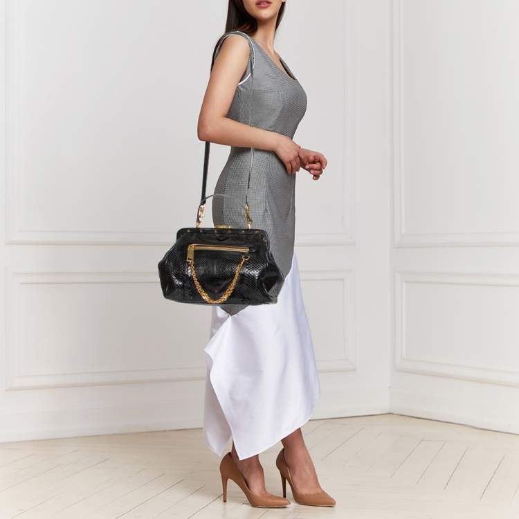 Pre Owned Versace Black Leather and Python Frame Studded Satchel 