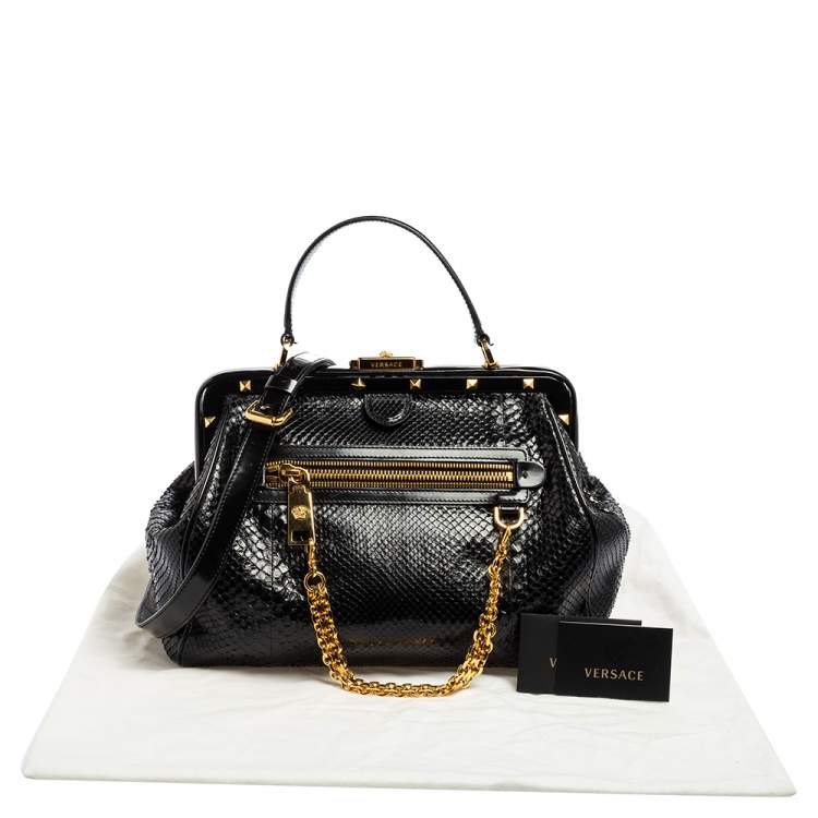 Pre Owned Versace Black Leather and Python Frame Studded Satchel 