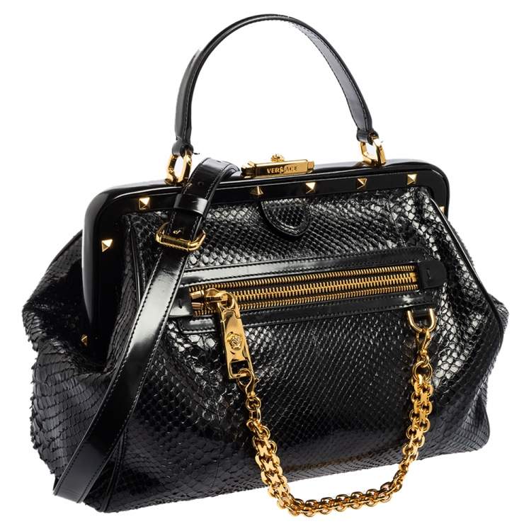 Pre Owned Versace Black Leather and Python Frame Studded Satchel 