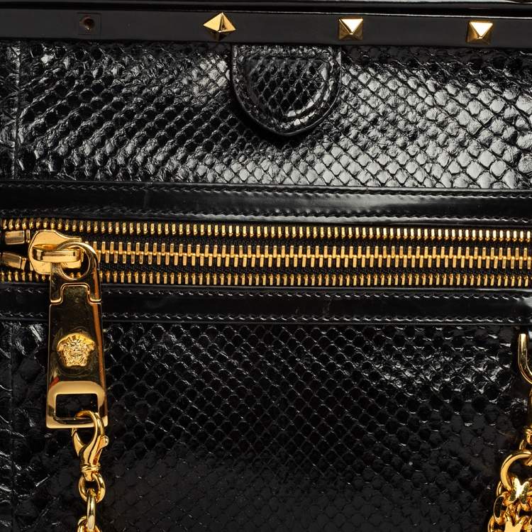 Pre Owned Versace Black Leather and Python Frame Studded Satchel 