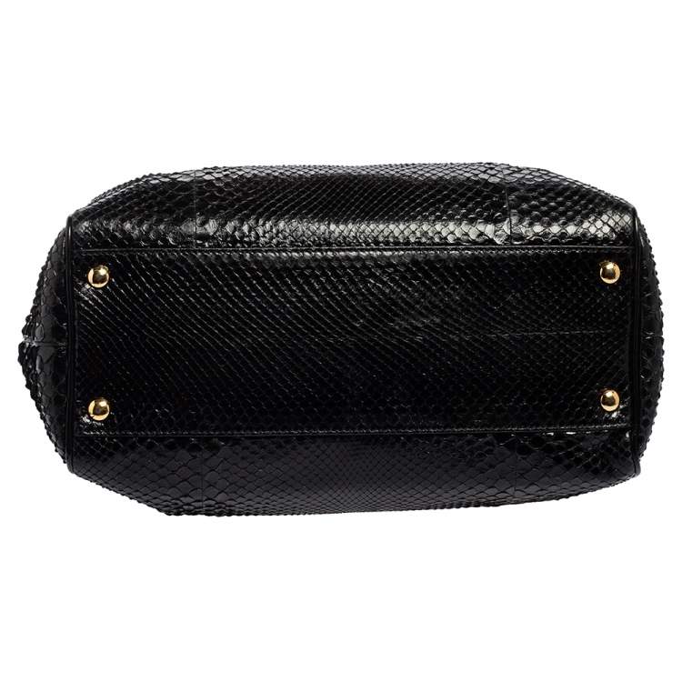 Pre Owned Versace Black Leather and Python Frame Studded Satchel 