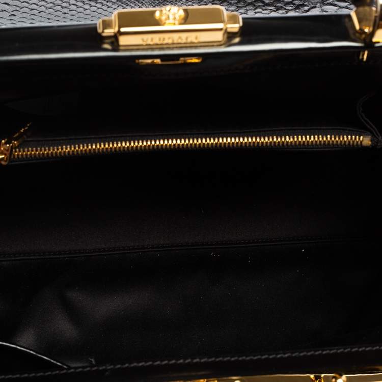 Pre Owned Versace Black Leather and Python Frame Studded Satchel 
