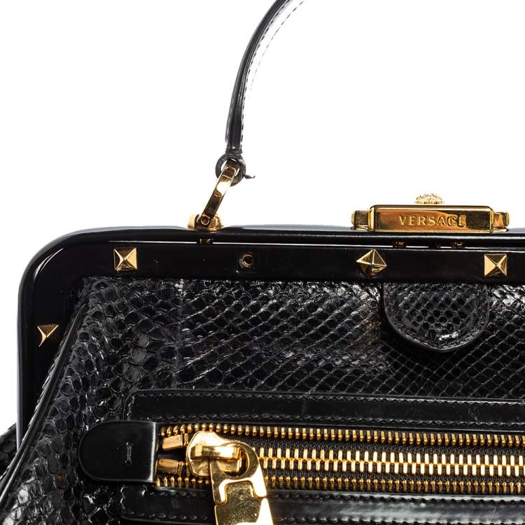 Pre Owned Versace Black Leather and Python Frame Studded Satchel 
