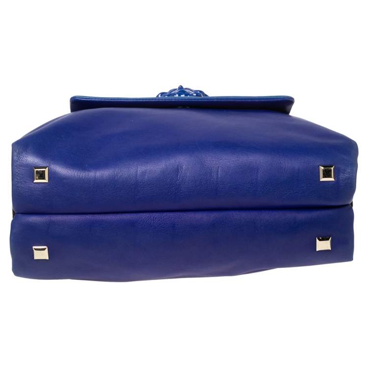 Pre Owned Versace Blue Leather Medusa Flap Top Handle Bag