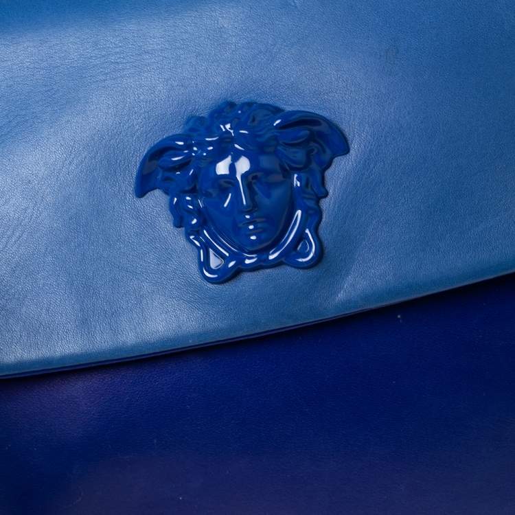 Pre Owned Versace Blue Leather Medusa Flap Top Handle Bag