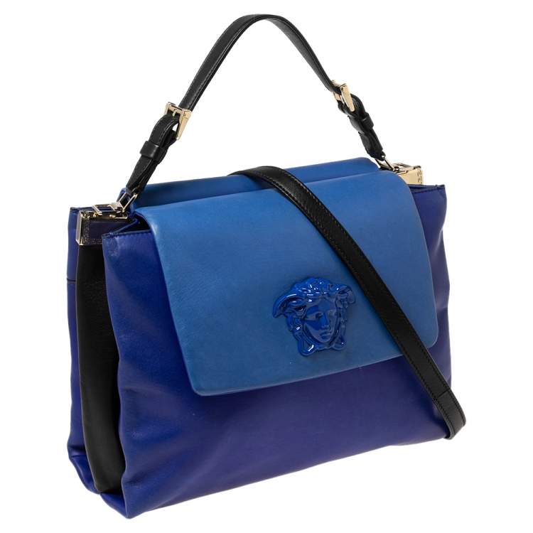 Pre Owned Versace Blue Leather Medusa Flap Top Handle Bag