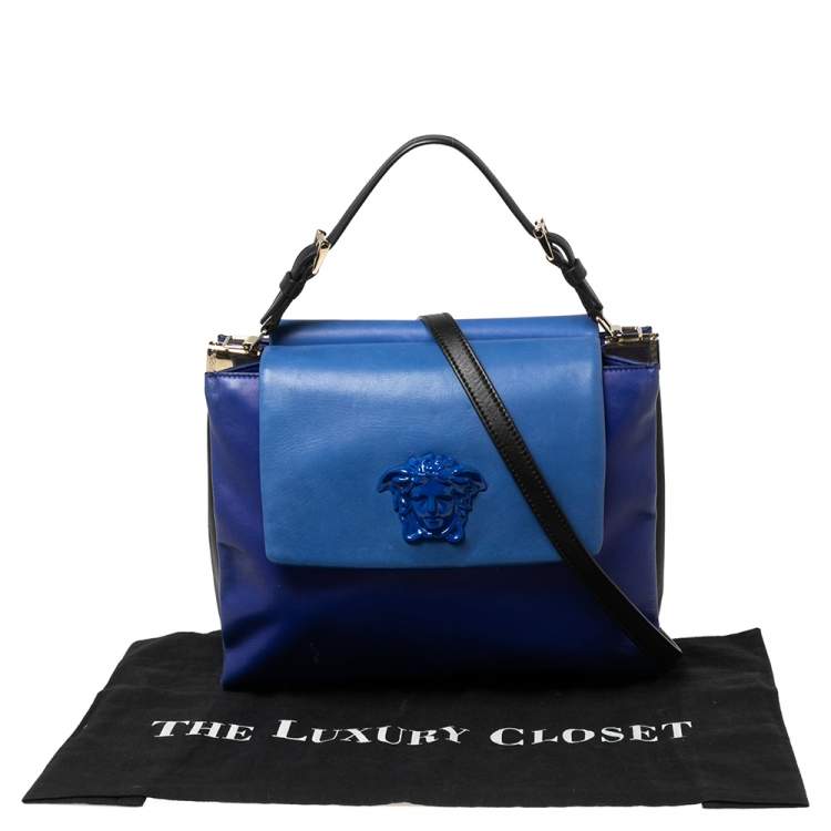 Pre Owned Versace Blue Leather Medusa Flap Top Handle Bag