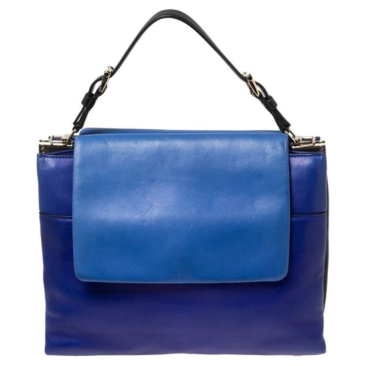 Pre Owned Versace Blue Leather Medusa Flap Top Handle Bag