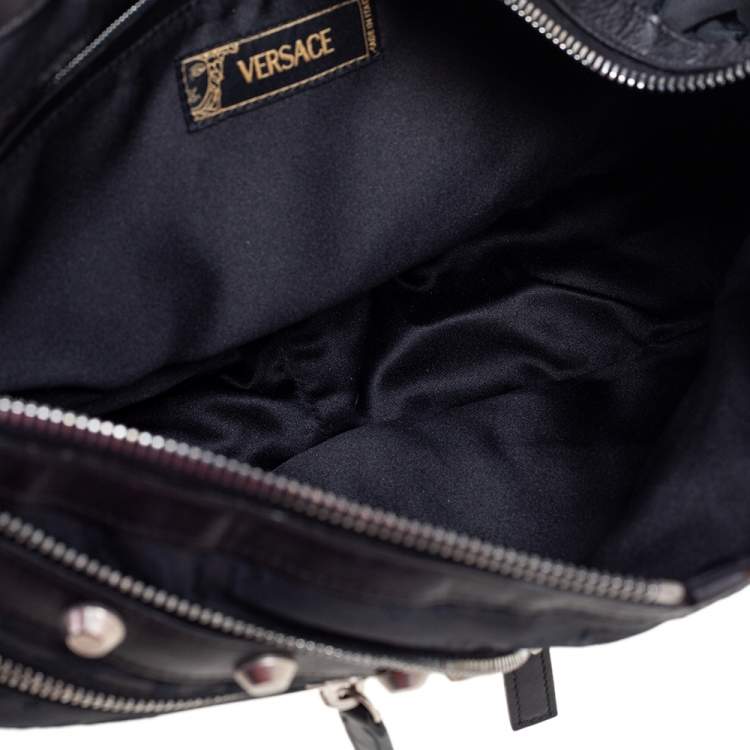Pre Owned Versace Black Embroidered Print Fabric Studded Hobo
