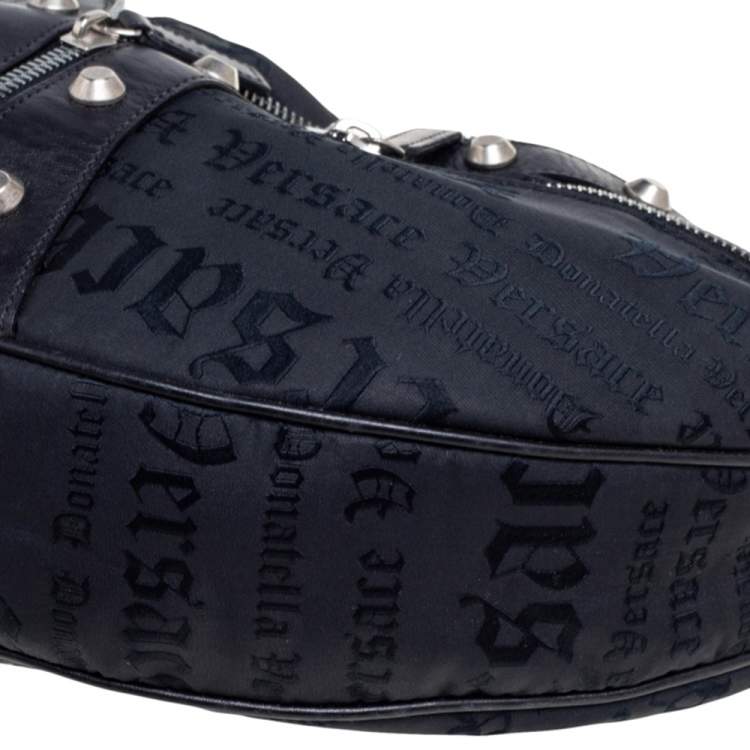 Pre Owned Versace Black Embroidered Print Fabric Studded Hobo