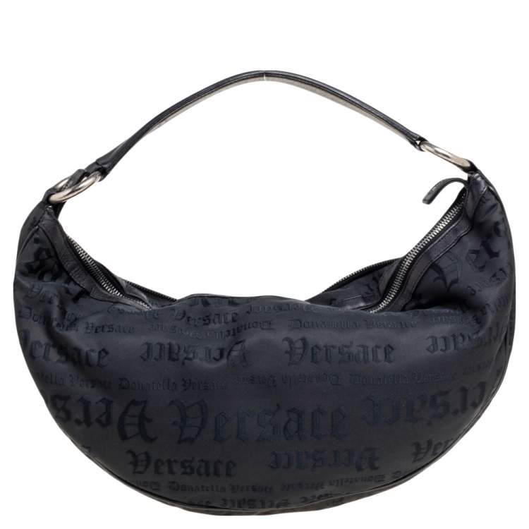 Pre Owned Versace Black Embroidered Print Fabric Studded Hobo