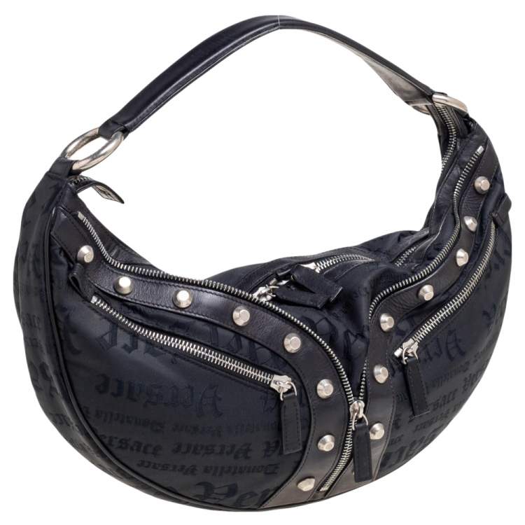 Pre Owned Versace Black Embroidered Print Fabric Studded Hobo