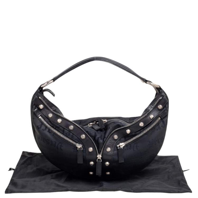 Pre Owned Versace Black Embroidered Print Fabric Studded Hobo