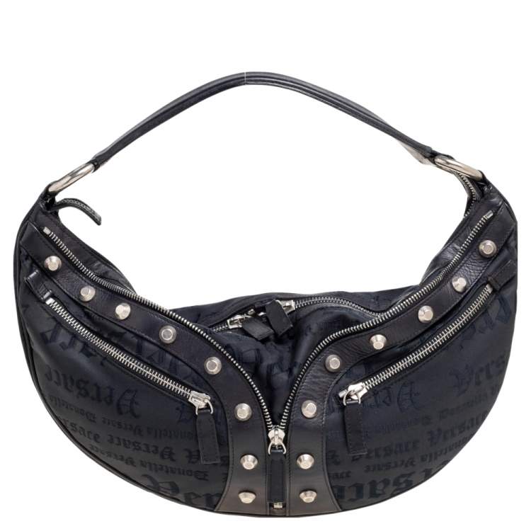 Pre Owned Versace Black Embroidered Print Fabric Studded Hobo