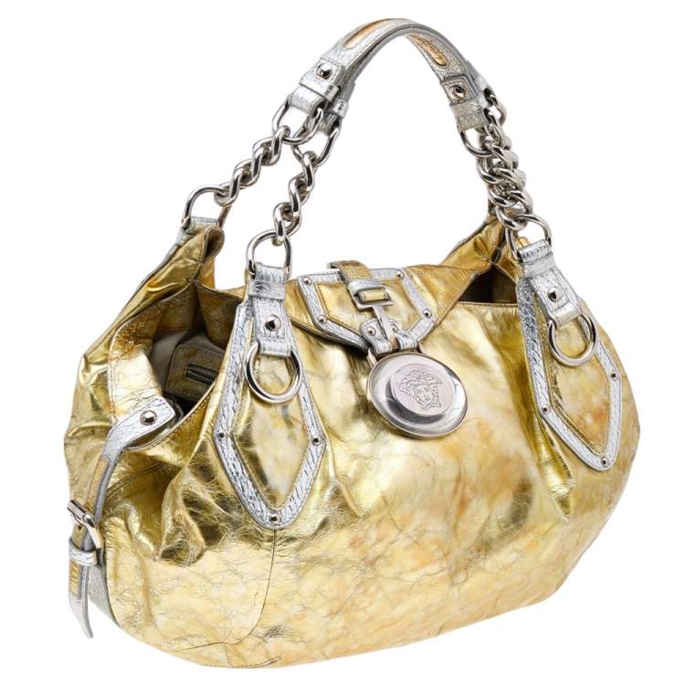 Pre Owned Versace Gold/Silver Leather Satchel