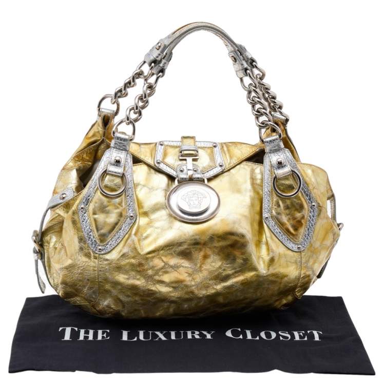 Pre Owned Versace Gold/Silver Leather Satchel