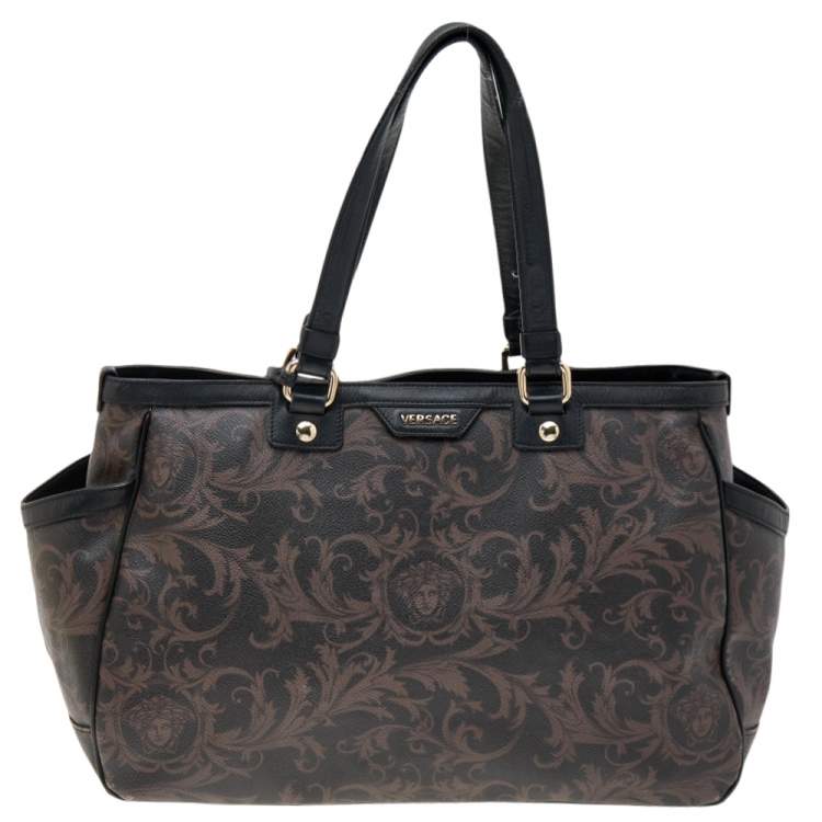 Pre Owned Versace Brown/Black Barocco Print Coated Canvas and Leather Tote