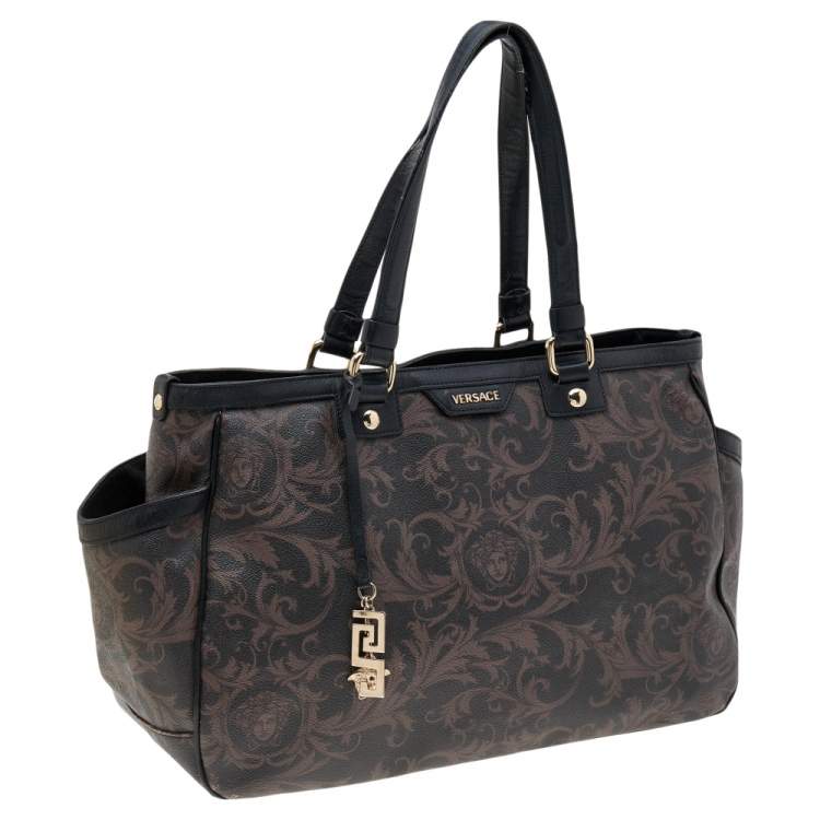 Pre Owned Versace Brown/Black Barocco Print Coated Canvas and Leather Tote