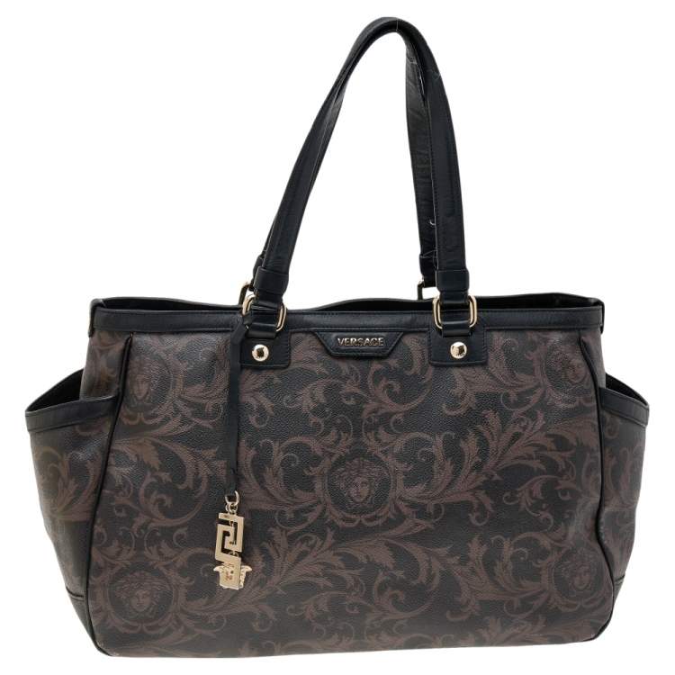 Pre Owned Versace Brown/Black Barocco Print Coated Canvas and Leather Tote
