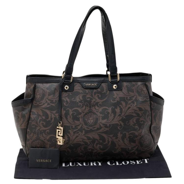 Pre Owned Versace Brown/Black Barocco Print Coated Canvas and Leather Tote