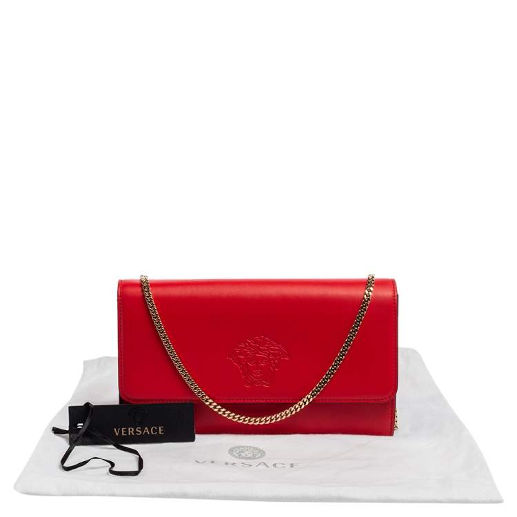 Pre Owned Versace Red Leather Flap Wallet On Chain 