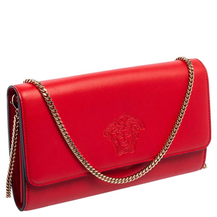 Pre Owned Versace Red Leather Flap Wallet On Chain 