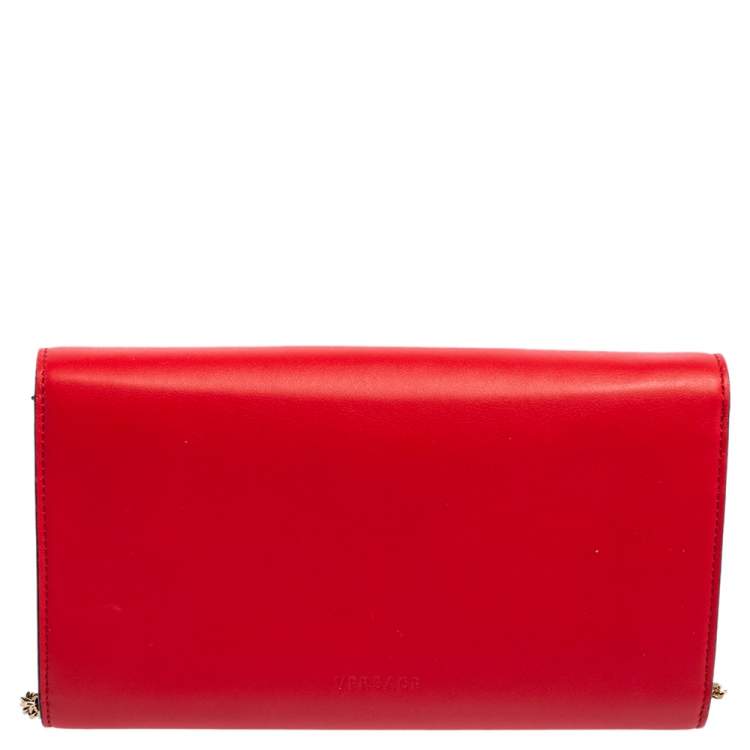 Pre Owned Versace Red Leather Flap Wallet On Chain 