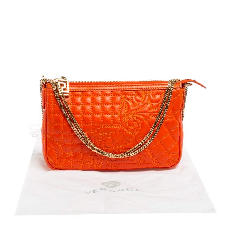 Pre Owned Versace Orange Leather Embroidered Vanitas Shoulder bag