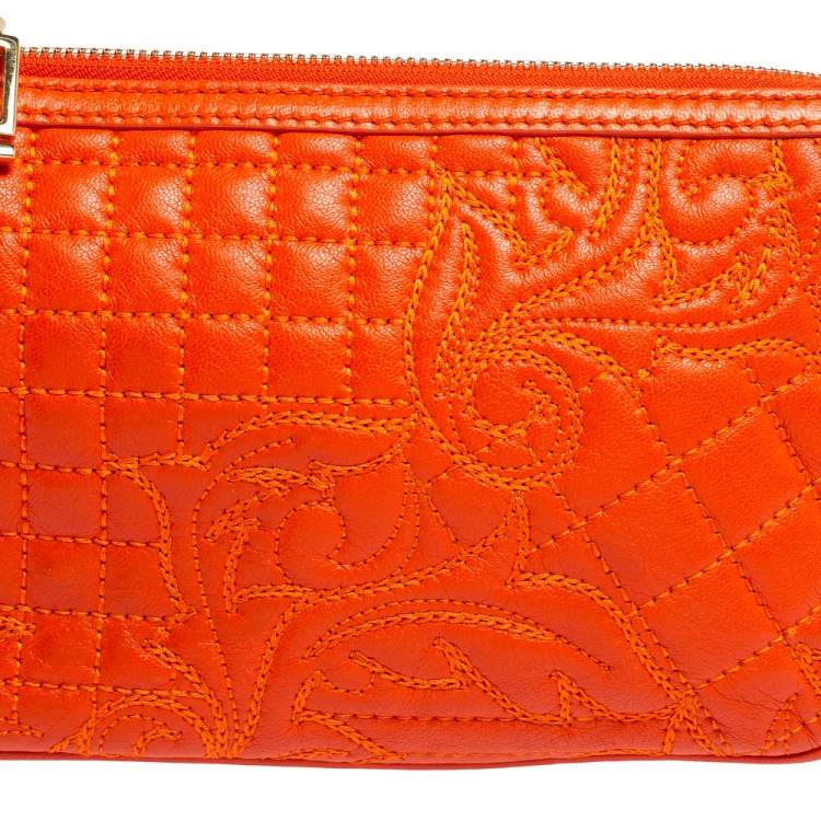 Pre Owned Versace Orange Leather Embroidered Vanitas Shoulder bag