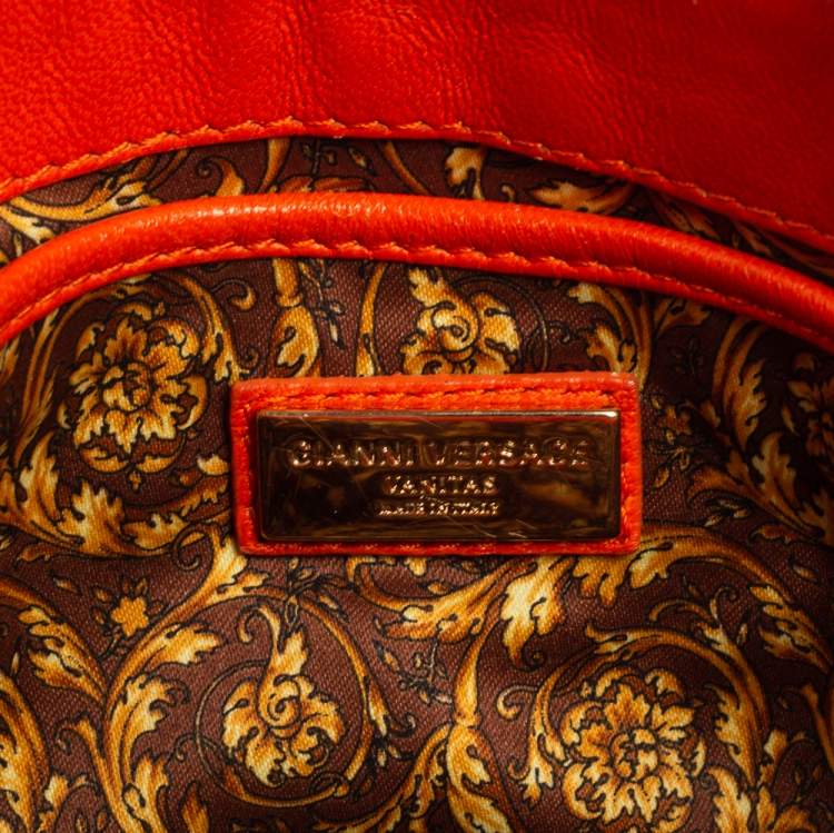 Pre Owned Versace Orange Leather Embroidered Vanitas Shoulder bag