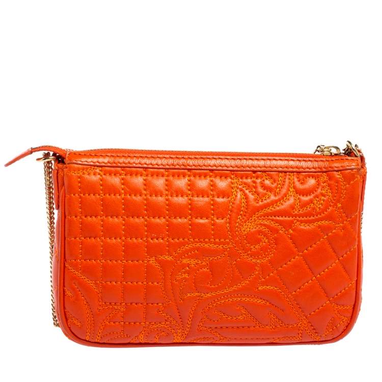 Pre Owned Versace Orange Leather Embroidered Vanitas Shoulder bag