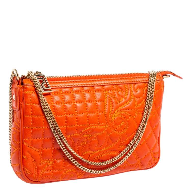Pre Owned Versace Orange Leather Embroidered Vanitas Shoulder bag