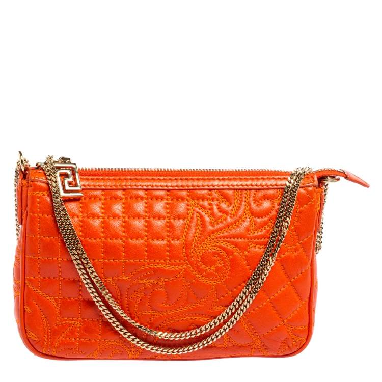 Pre Owned Versace Orange Leather Embroidered Vanitas Shoulder bag