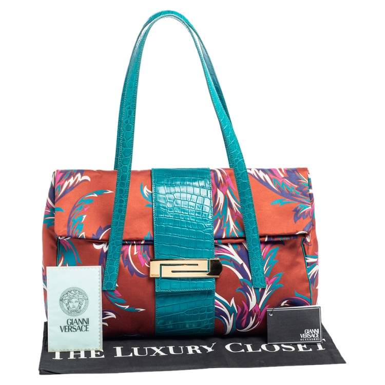 Pre Owned Versace Multicolor Floral Print Fabric and Croc Embossed Leather Flap Tote